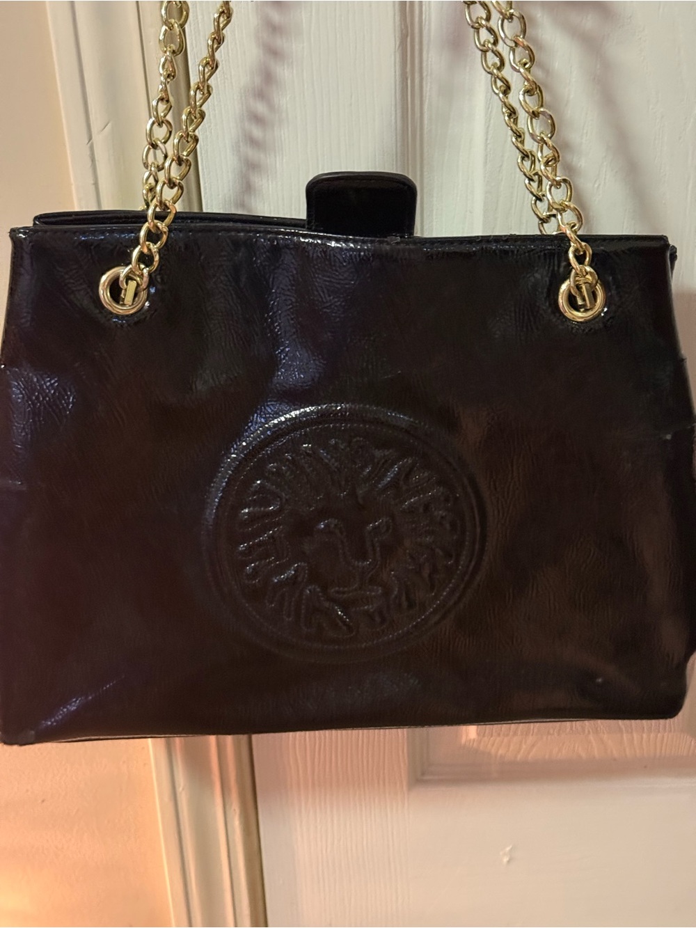Anne Klein Black Patent Lion Logo Gold Chain Shoulder Tote Bag